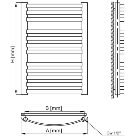 Grzejnik łazienkowy GR2, wymiary 400x750, 12-żeberek, MOC-258W, TYP.GŁP-14/32