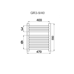 Grzejnik łazienkowy GR3, wymiary 470x550, 9-żeberek, MOC-228W KOLOR CZARNY
